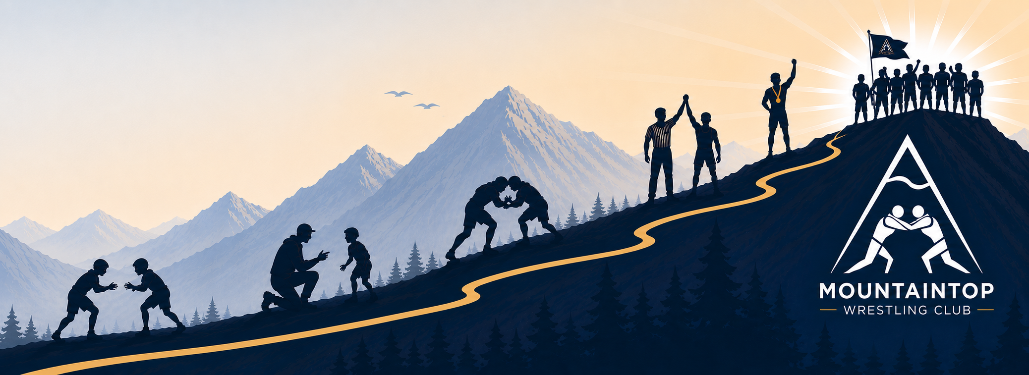 Illustration of wrestlers progressing up a mountain path from beginner to advanced, guided by a coach and culminating with a team at the summit beside the Mountaintop Wrestling Club logo, symbolizing growth, teamwork, and development.